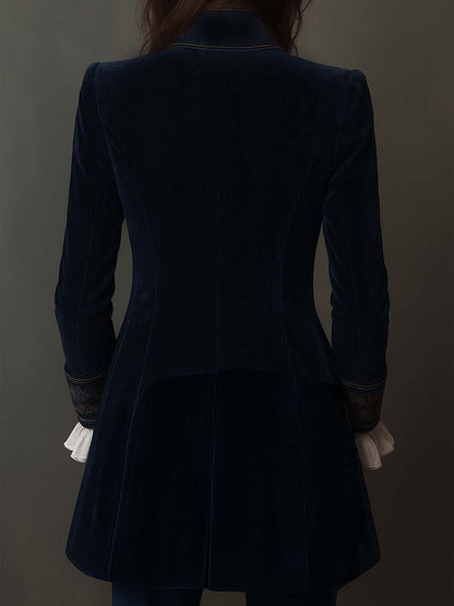 Adriana | Chaqueta Larga Bordada Vintage Azul Marino